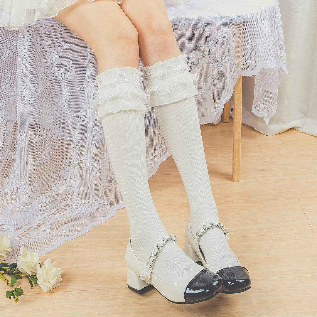 蕾丝花边珍珠小腿袜子女堆堆袜无骨防臭女生绑带高筒袜