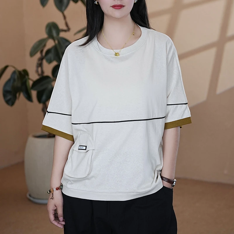 拼接不起球口袋短袖五分袖T恤春夏撞色夏装七分袖25083