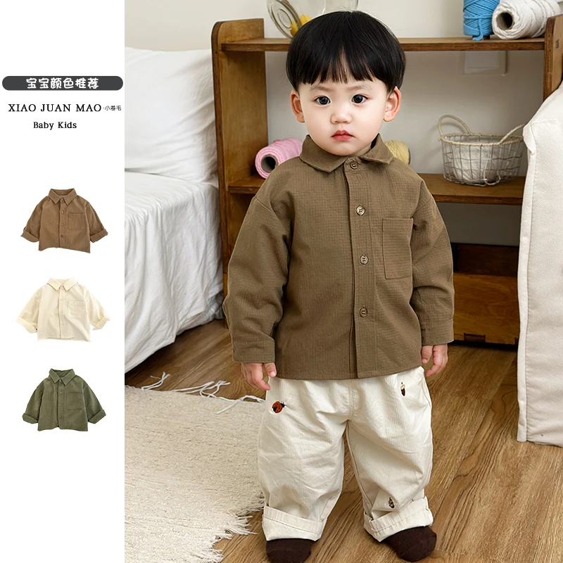 T25C16春秋韩系男女宝宝帅气休闲百搭洋气翻领宽松长袖小格子衬衫