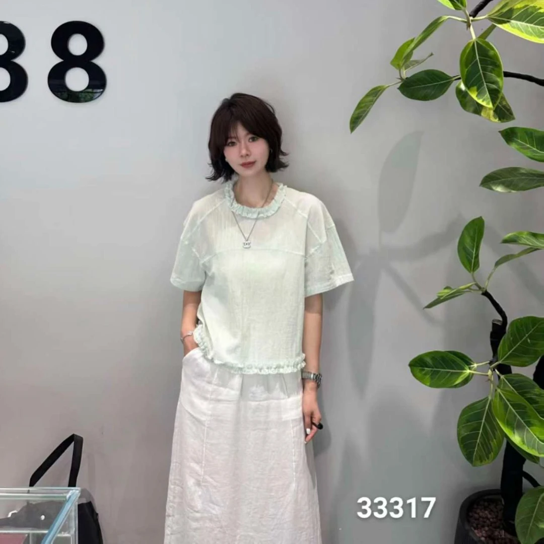 韩国甜美木耳边短袖小衫    33317