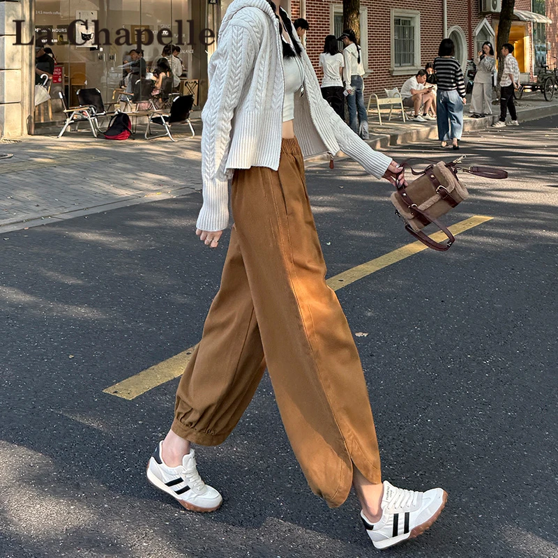 拉夏贝尔洗水棉哈伦裤女秋季宽松休闲松弛感小个子九分阔腿灯笼裤