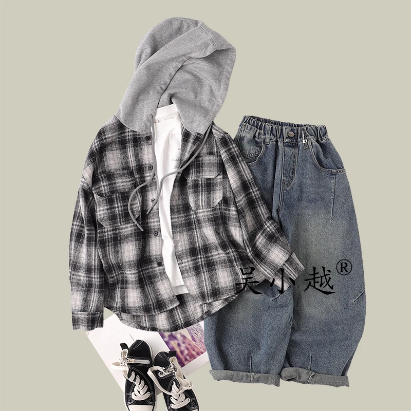 吴小越w1541男童衬衫连帽长袖格子儿童秋款韩范中大童外套
