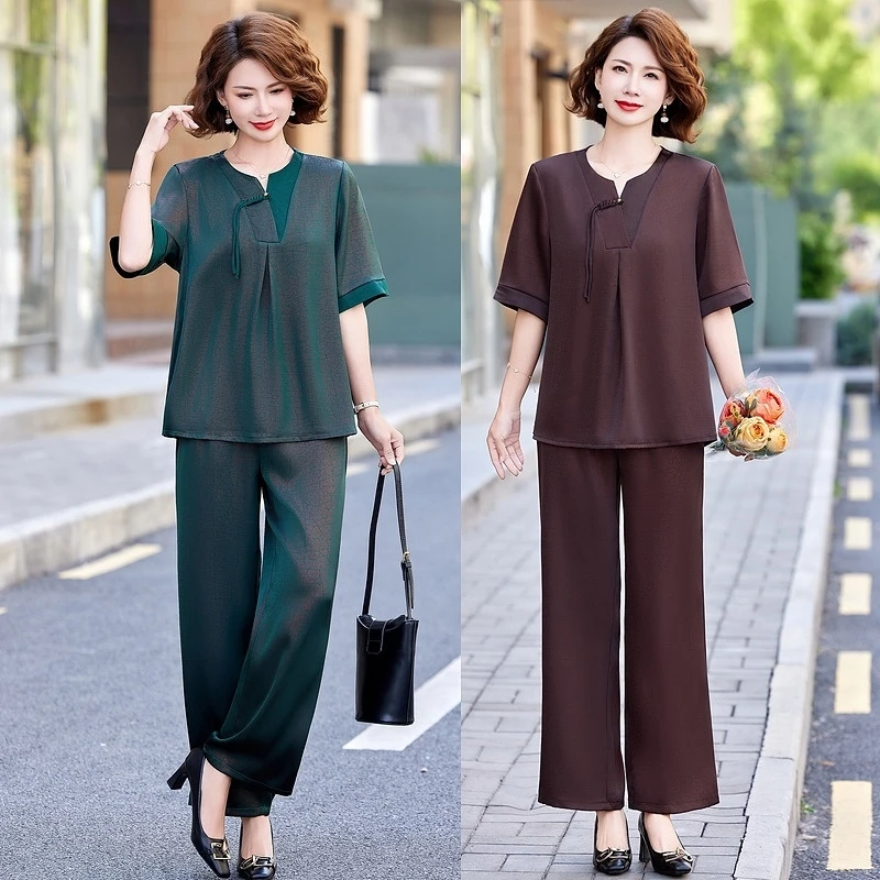 妈妈夏装套装2025新款中老年气质上衣夏装薄款小衫大码时尚两件套