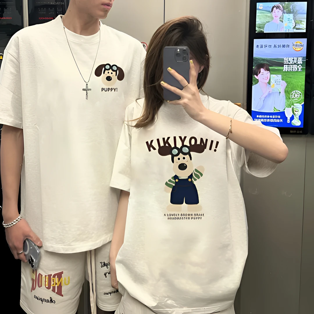 特别的情侣装T恤夏季装小众2025新款网红高级感百搭眼镜小狗短袖