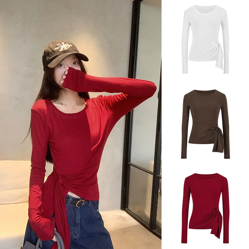 Moses Queen/魔西女王气质绑带长袖T恤女不规则收腰显瘦开叉上衣