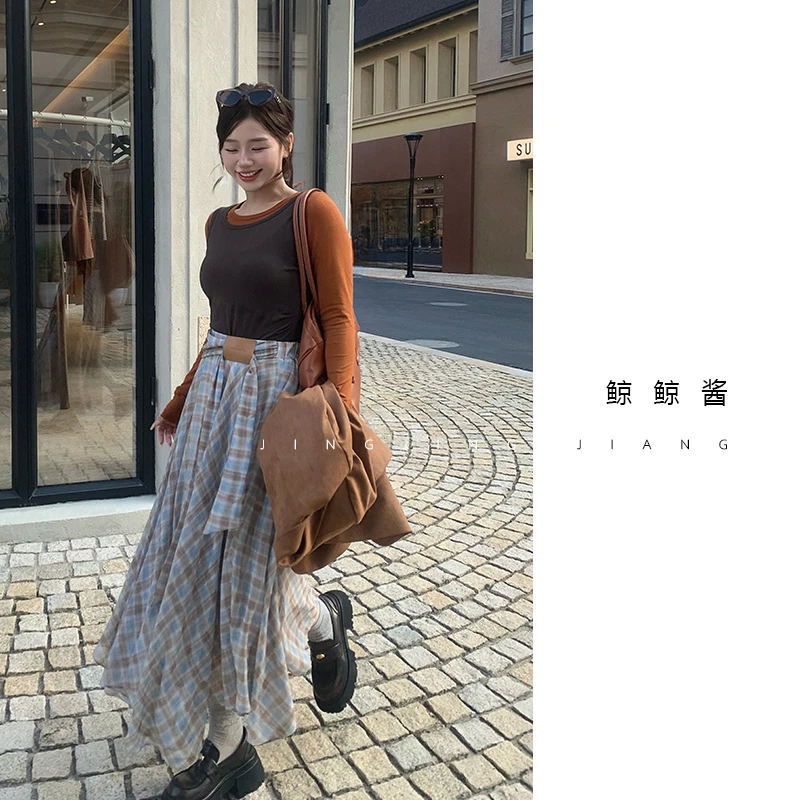ZOZ鲸鲸酱【落日余晖】气质褶皱休闲时尚百搭薄纯色格子显瘦半裙