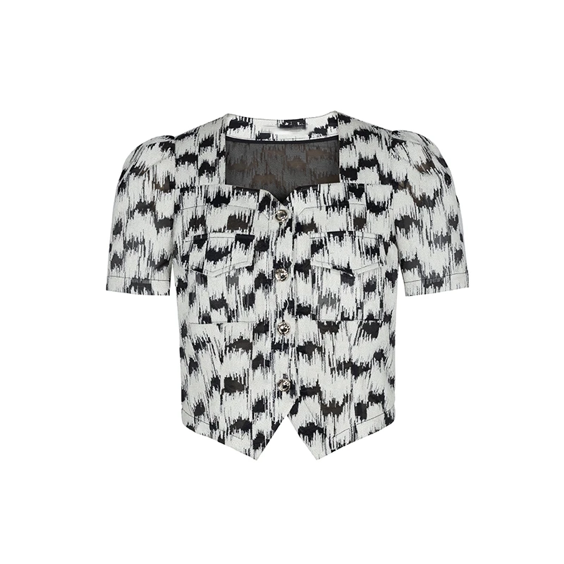 设计师女装2025夏季新款衬衫时尚气质印花显瘦方领短款衬衫42517