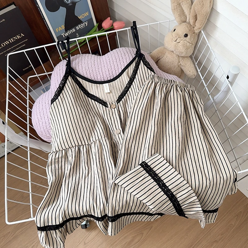 2025新款吊带纯欲睡衣女带胸垫夏季高级感条纹可外穿家居服两件套