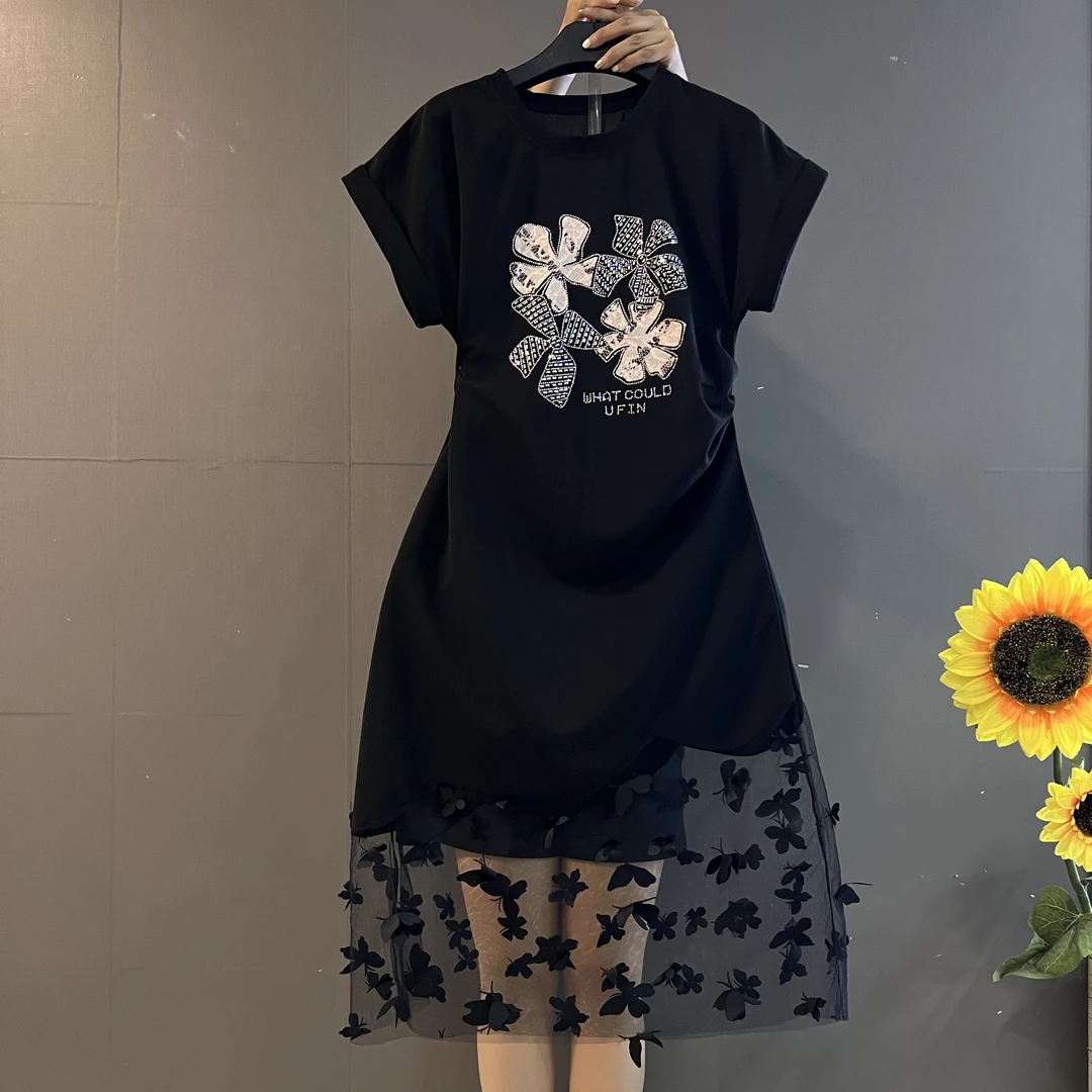 夏季新款短袖拼接蕾丝腰部褶皱遮肚显瘦中长款连衣裙