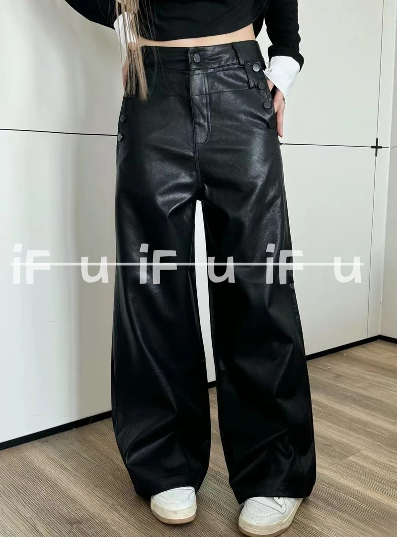 韩/双排扣显瘦皮裤