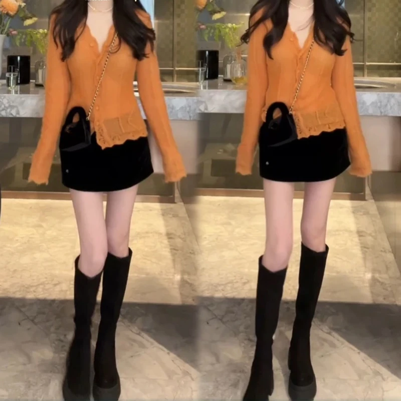 韩系洋气时尚套装女2025秋季新款纯色长袖开衫高腰裙裤显瘦两件套