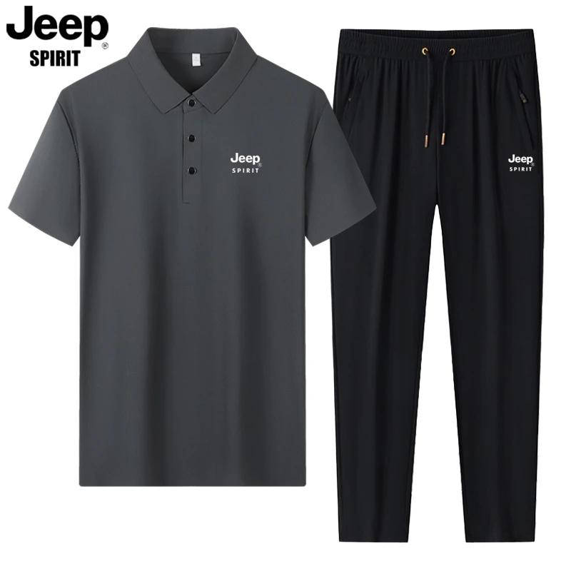 JEEPSPIRIT运动套装男士夏季薄款透气速干中老年翻领休闲跑步套装