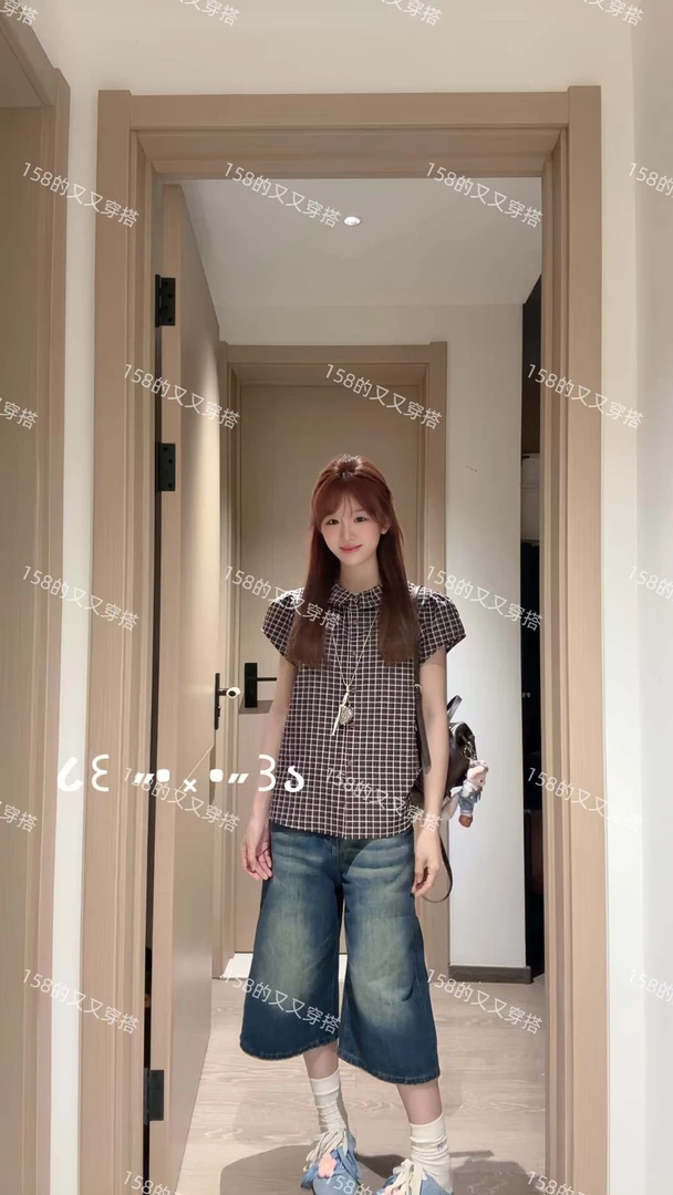 2025夏季复古娃娃领减龄格子衬衣撞色百搭短袖上衣