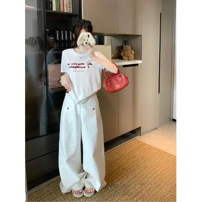 白色休闲裤女秋季新款高腰垂感长裤宽松百搭工装阔腿裤时尚拖地裤