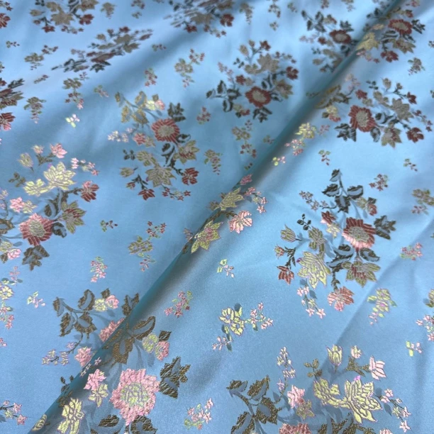 水蓝底新中式120宽度小草花唐装旗袍织锦缎提花国风服装手工布料
