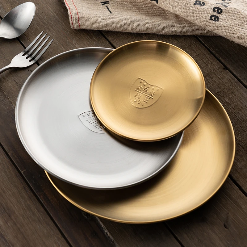 onlycook304不锈钢盘子轻奢金色圆盘餐具韩式烤肉盘餐盘家用碟子