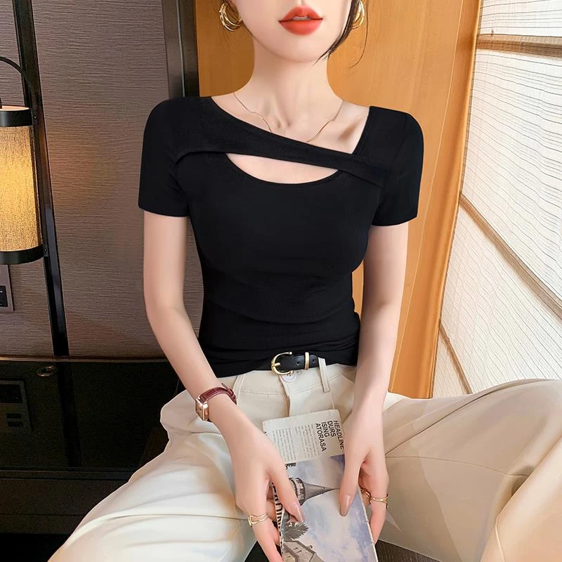 VOCKOO黑色短袖T恤女2025新款夏季低领修身打底衫紧身半袖正肩u领