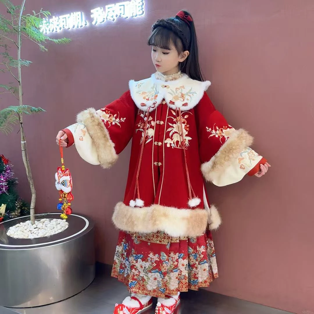 汉服女童拜年服冬儿童2025新款新年衣服冬季加绒冬装女孩国风年服