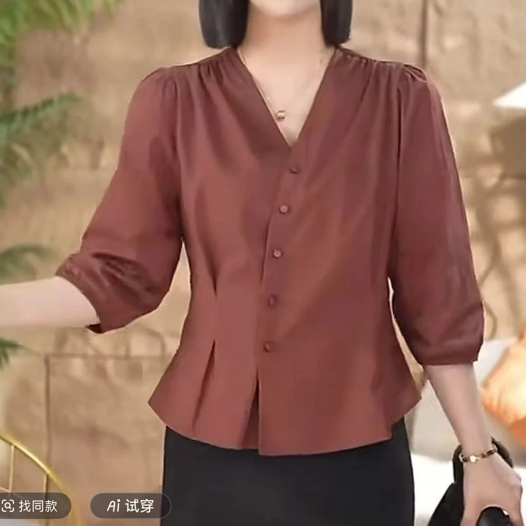 薄软轻罗云纱开衫衬衫高定扣子款收腰女人七分袖气质上衣