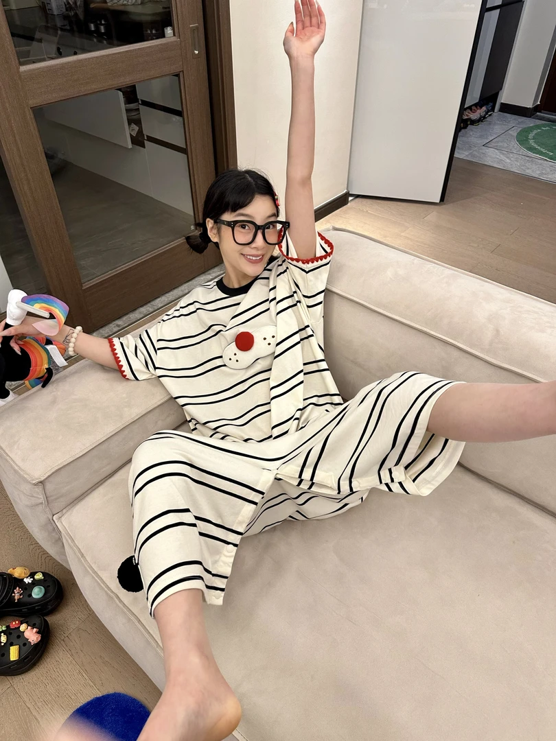 带胸垫可爱连体纯棉睡衣韩版大码宽松长裙条纹两穿全棉睡裙可外穿