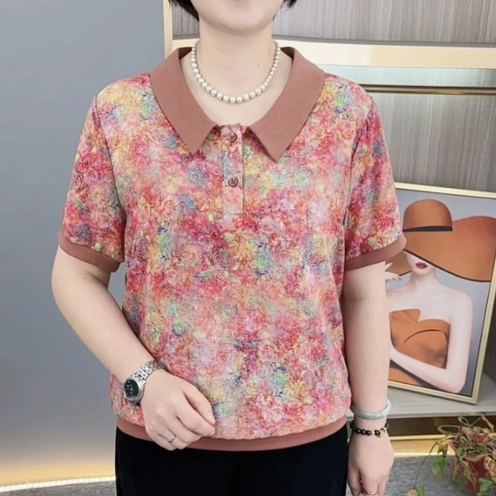 夏季新款时尚娃娃领中老年洋气妈妈装宽松显瘦百搭短袖上衣H627