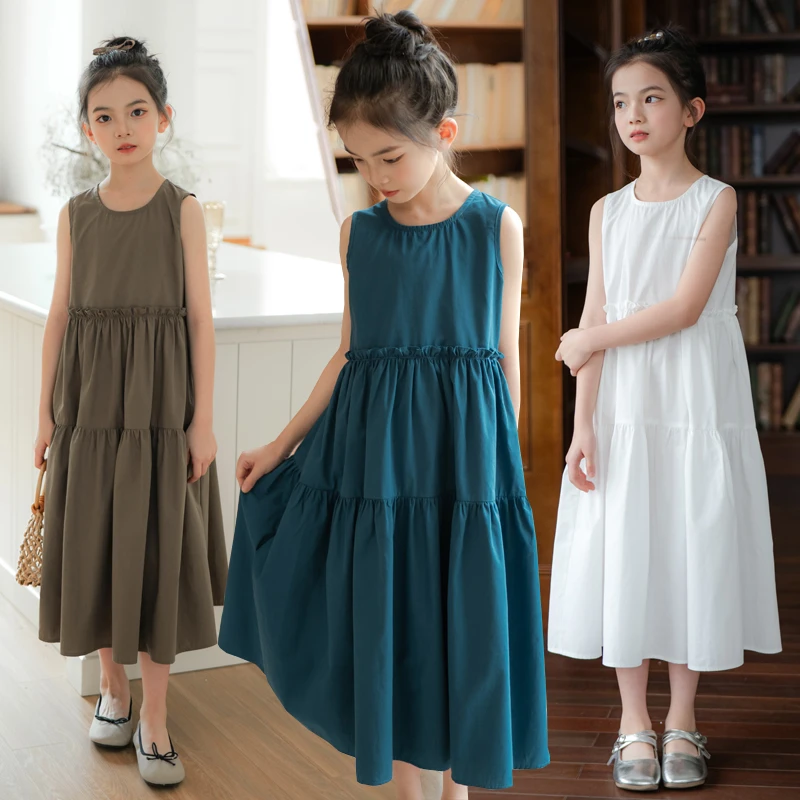 女童纯棉长款连衣裙夏季A字背心裙显瘦蛋糕裙中大童无袖沙滩长裙