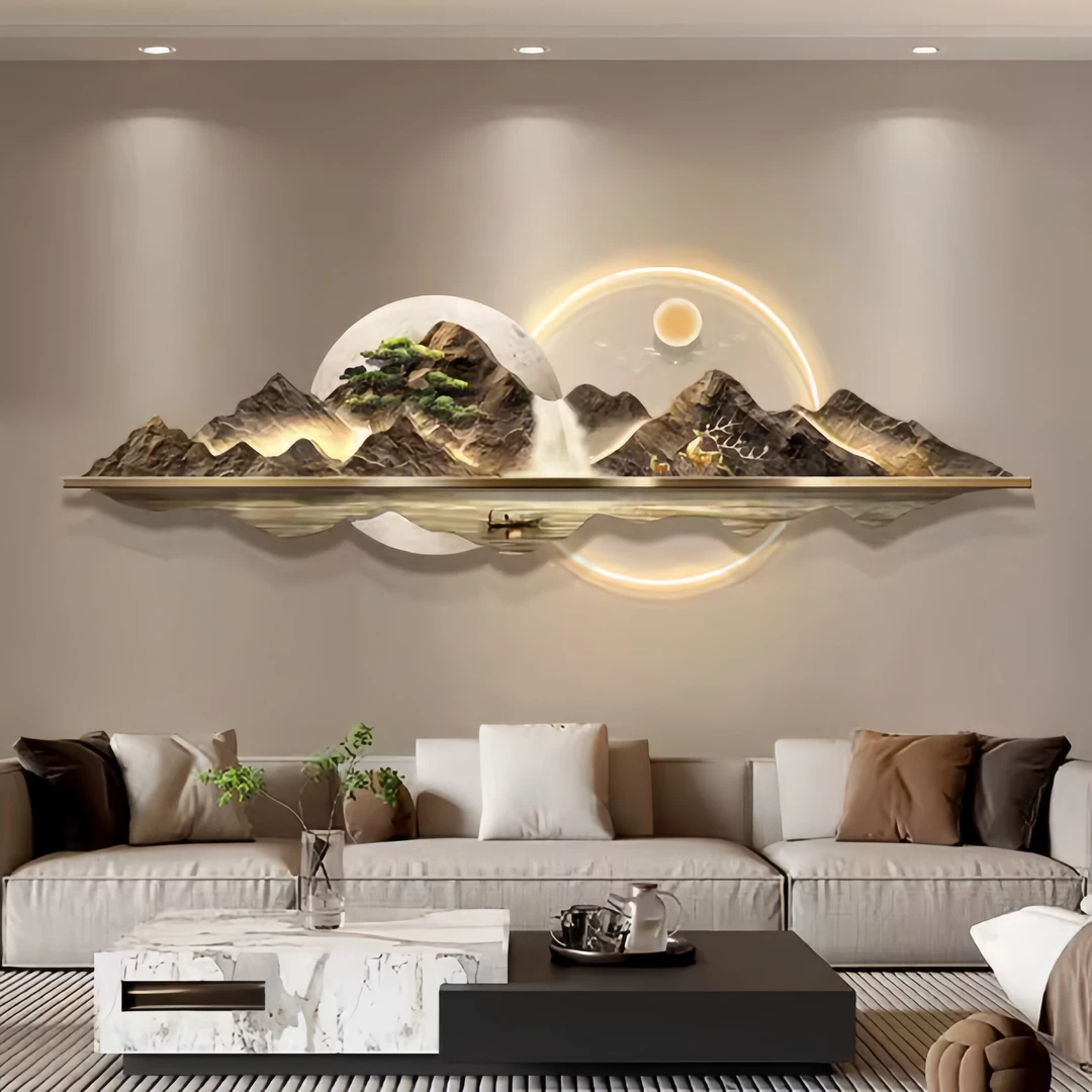 背有靠山客厅装饰画沙发背景墙挂画高档大气山水发光三层立体壁饰