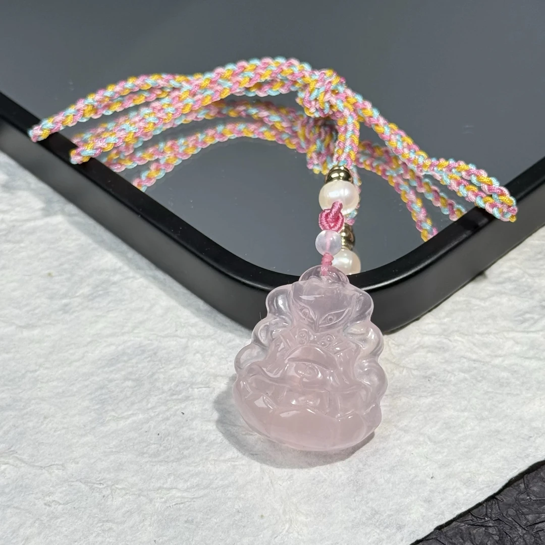 非金属仿水晶吊坠 粉水晶冰透精雕手工编绳女士狐狸挂坠