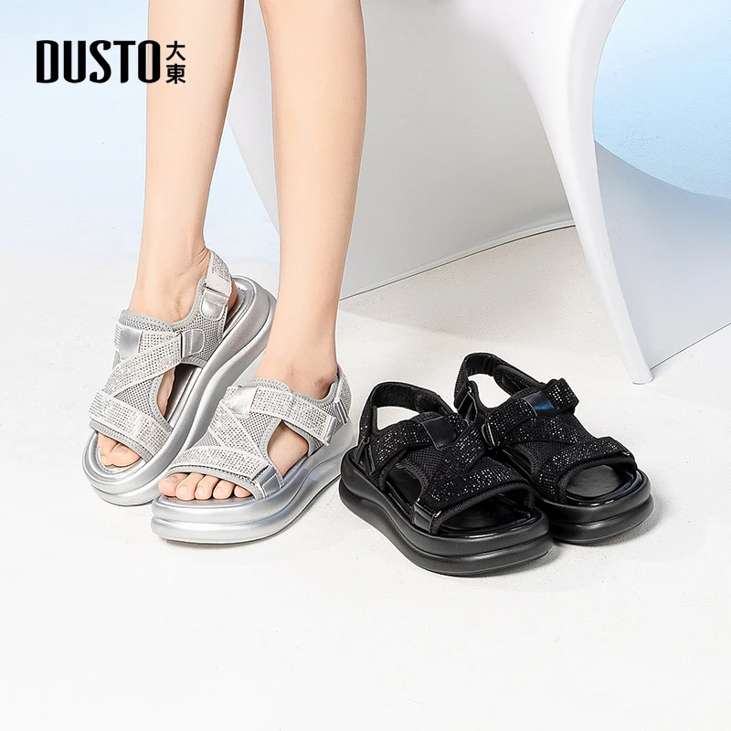 大东休闲运动凉鞋时尚水钻厚底露趾沙滩鞋夏季外穿舒适鞋子女0185