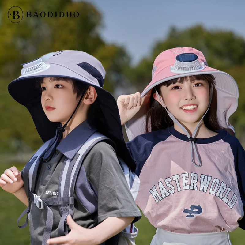 太阳能风扇帽子男女童夏季外出遮阳披肩帽帽大帽檐太阳帽户外