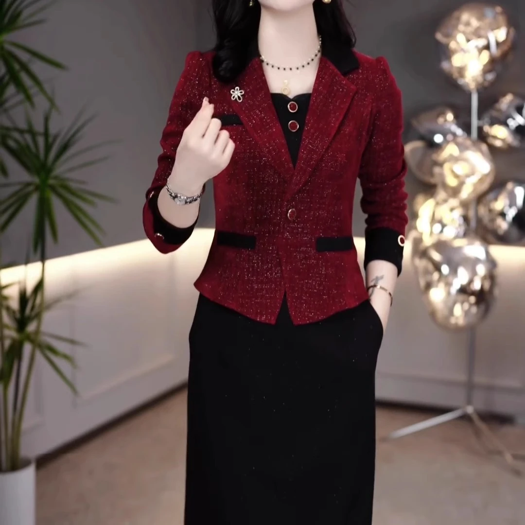 2024秋冬新款加厚显瘦女装设计感时尚休闲遮肚轻熟风假两件连衣裙