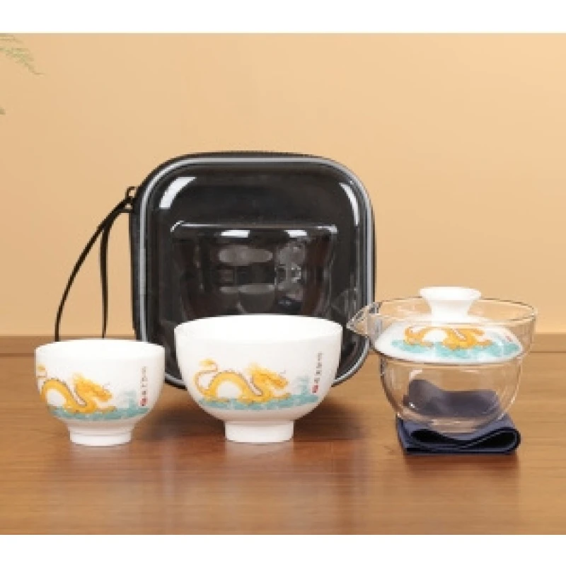 旅行茶具羊脂玉瓷-金龙献瑞-3781