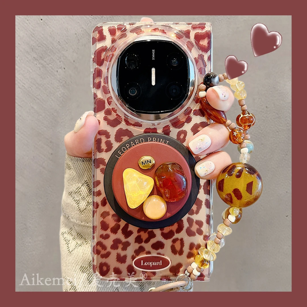 适用华为mateX6折叠屏手机壳MateX5典藏版棕色豹纹X3宝石磁吸支架