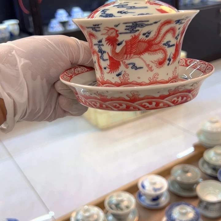 瓷片白青花釉里红九凤马蹄盖碗全品