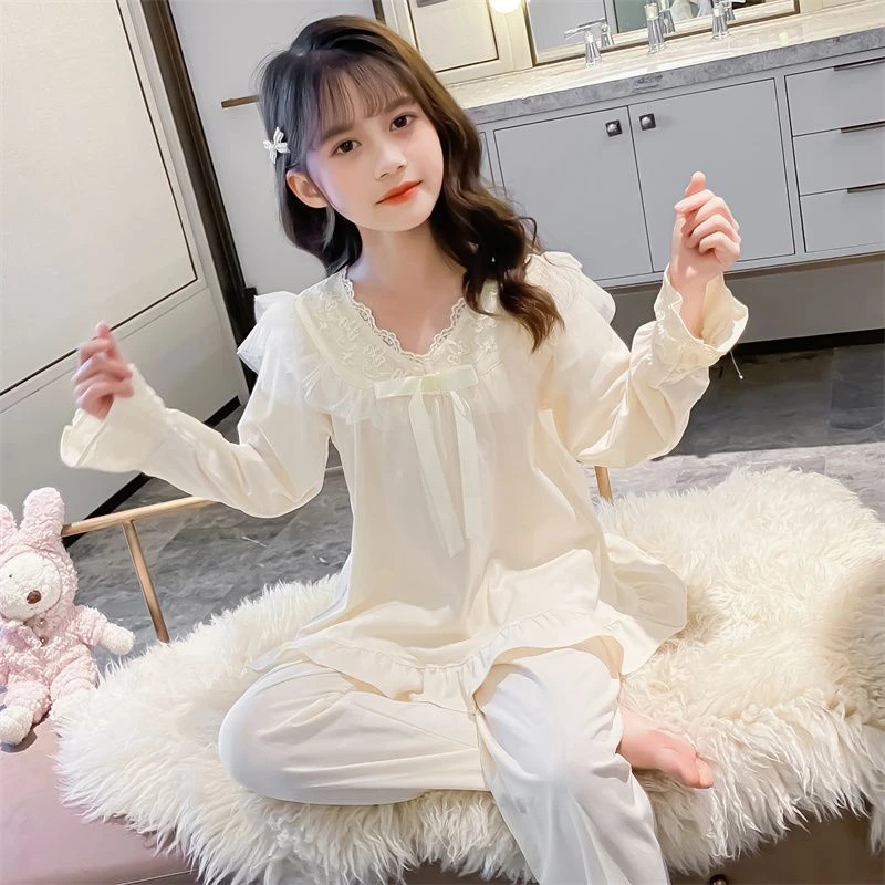 春秋纯棉女童睡衣套装长袖薄款公主6-12岁女孩甜美儿童家居服蕾丝