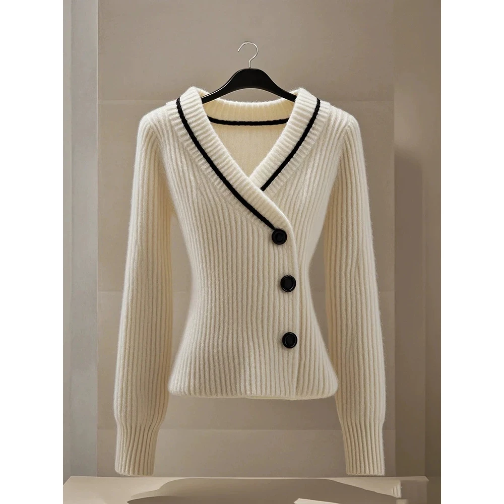 轻奢香风v领收腰针织开衫外套女秋冬慵懒风外穿修身显瘦毛衣上衣