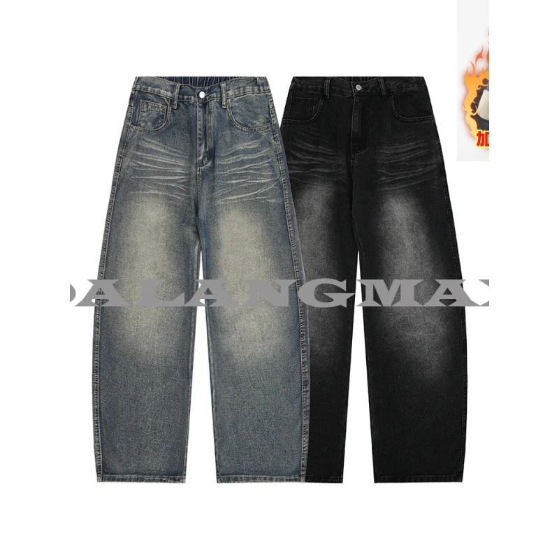 DALANGMAX陈达浪大码男装冬季新款加绒弯刀裤复古保暖水洗牛仔裤