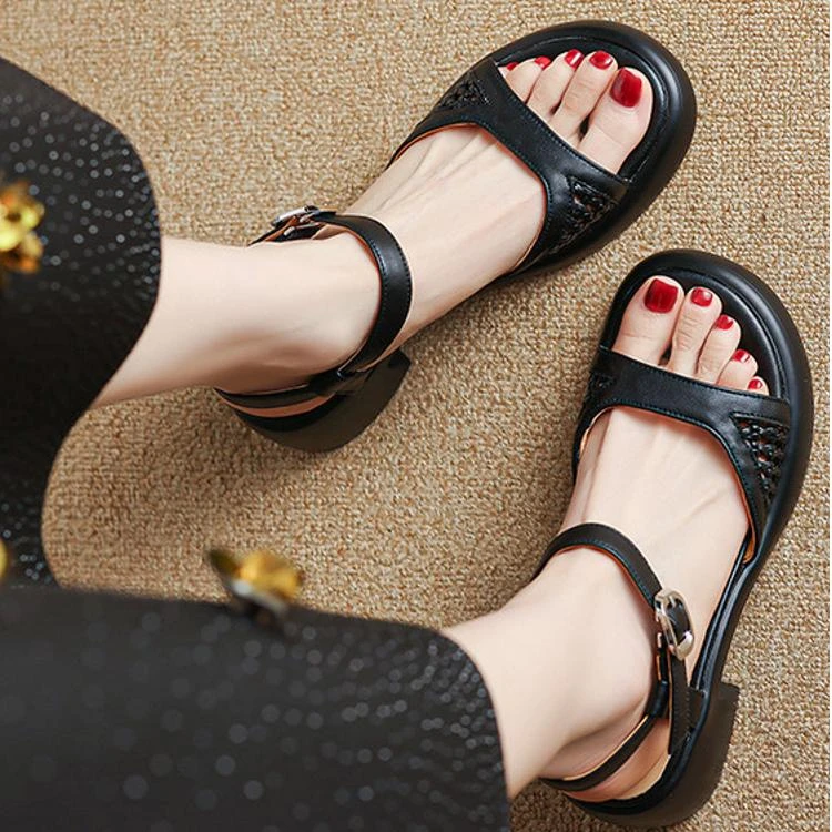 诗宝斐尔粗跟6CM圆头厚底编织镂空一字带凉鞋女夏真皮高跟罗马鞋