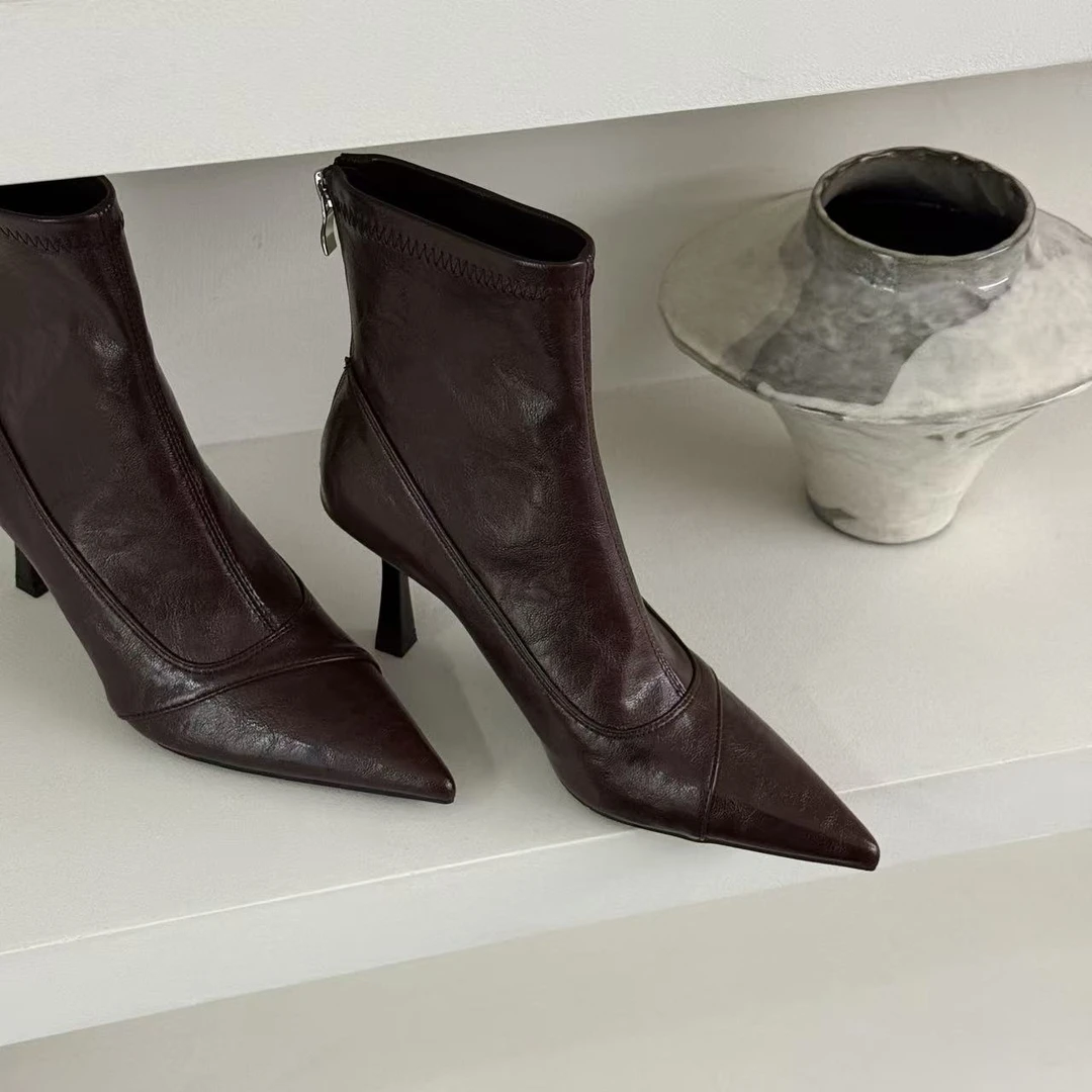 复古韩版显瘦通勤细跟尖头女靴短筒高跟鞋时装靴后拉链瘦瘦女短靴