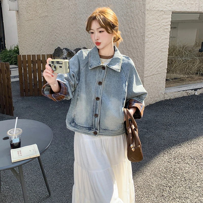 设计感格子拼接牛仔短外套女2025年春秋新款时尚休闲百搭夹克上衣