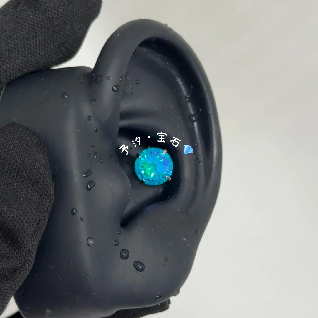 合金锆石耳饰 耳饰天火切拼色彩色钛钢耳针养耳免摘耳蜗钉蓝色