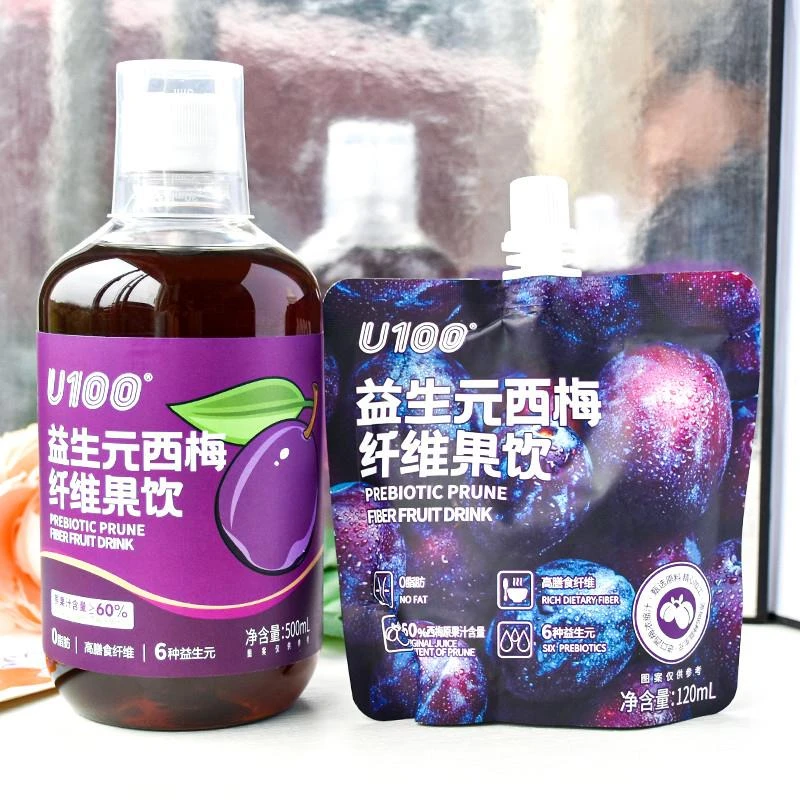 u100益生元西梅汁西梅纤维果饮120ml袋装益生元西梅汁500ml瓶装果