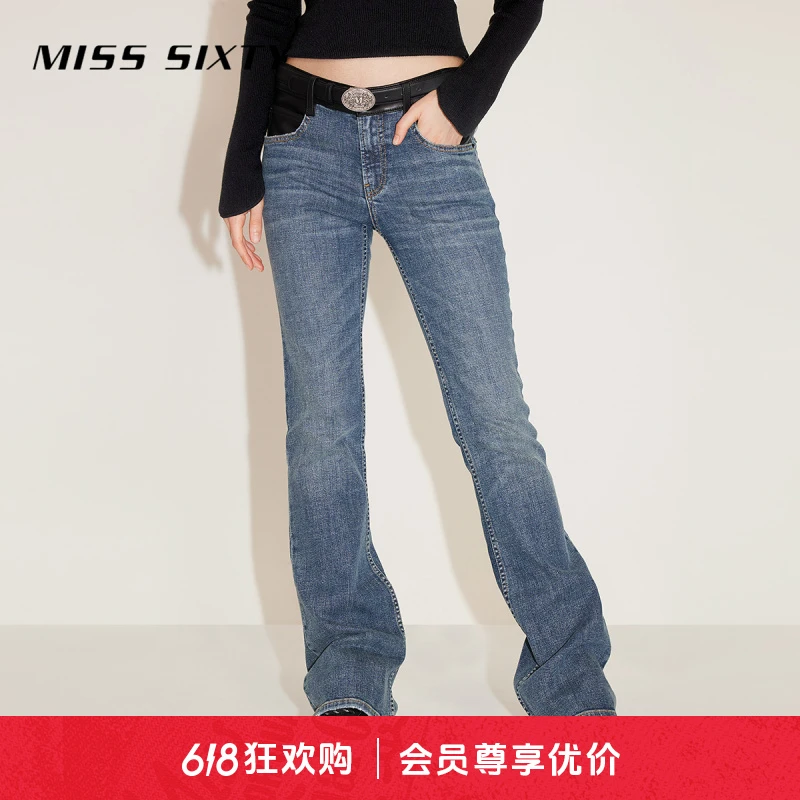 Miss Sixty冬季新款牛仔裤女中腰复古拼接皮质修身显瘦微喇裤
