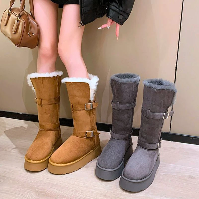 灰色长筒雪地靴女2025冬季新款中筒加绒加厚底东北棉鞋保暖高筒靴