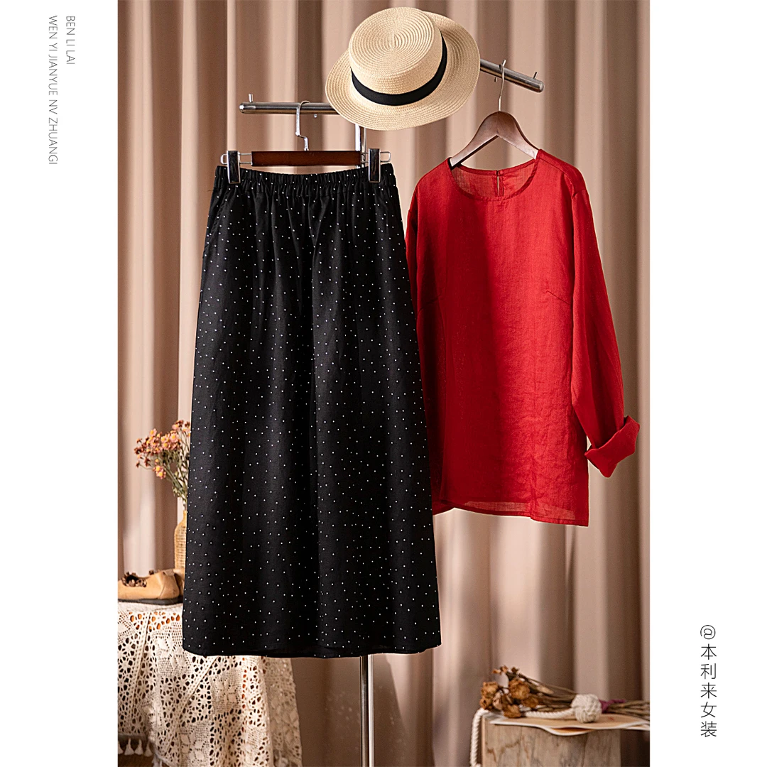 【本利来】天丝亚麻波点半身裙文艺休闲夏季新款百搭气质裙子6679