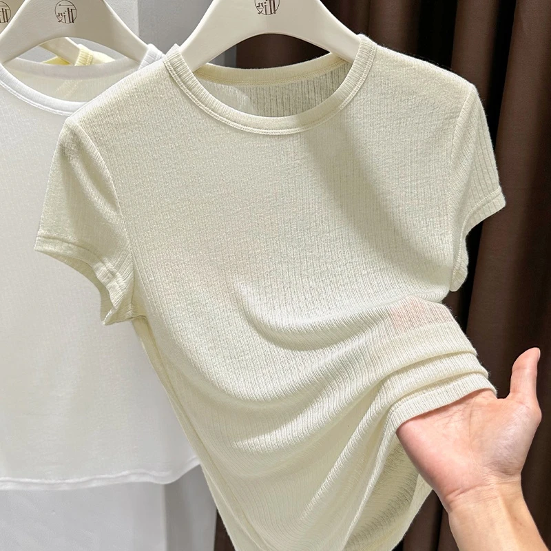 杏色气质温婉休闲显瘦圆领短袖T恤2025夏季新款薄款透气针织上衣