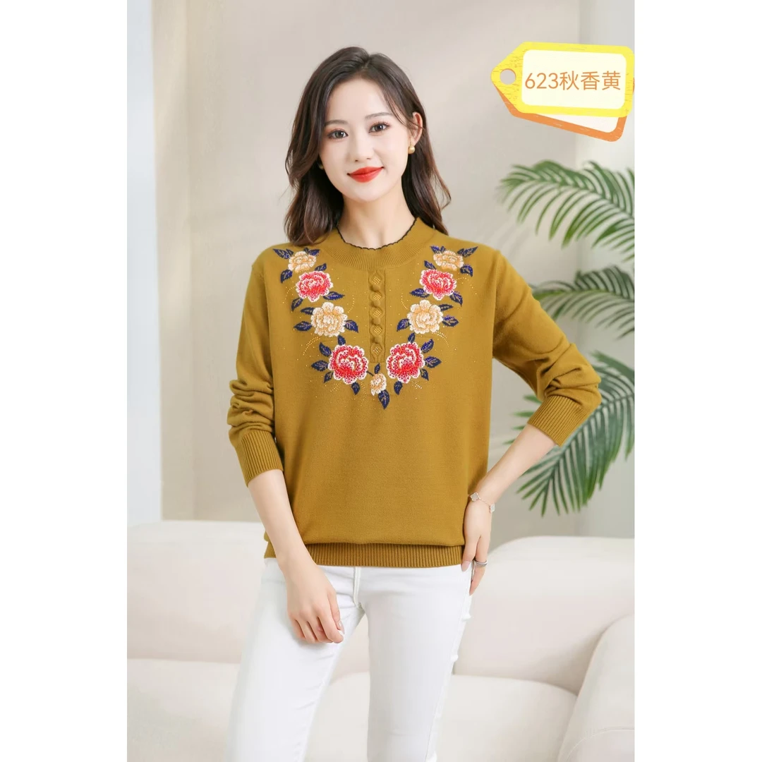 623款秋冬妈妈装一体绒绣花毛衣保暖上衣中老年打底衫
