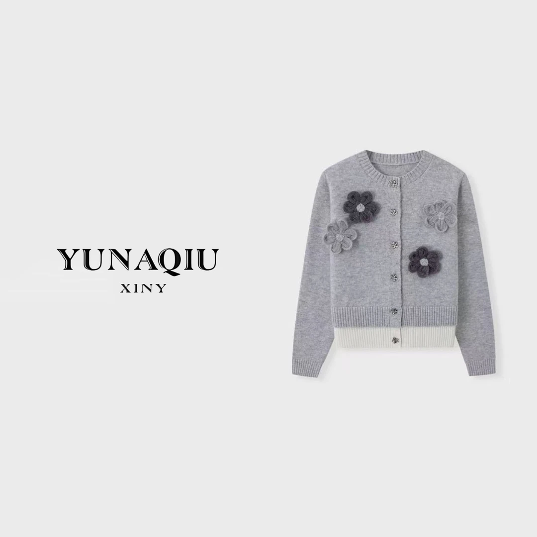 YUNAQIU-小香风气质短款时尚灰计师秋冬针织衫-9783