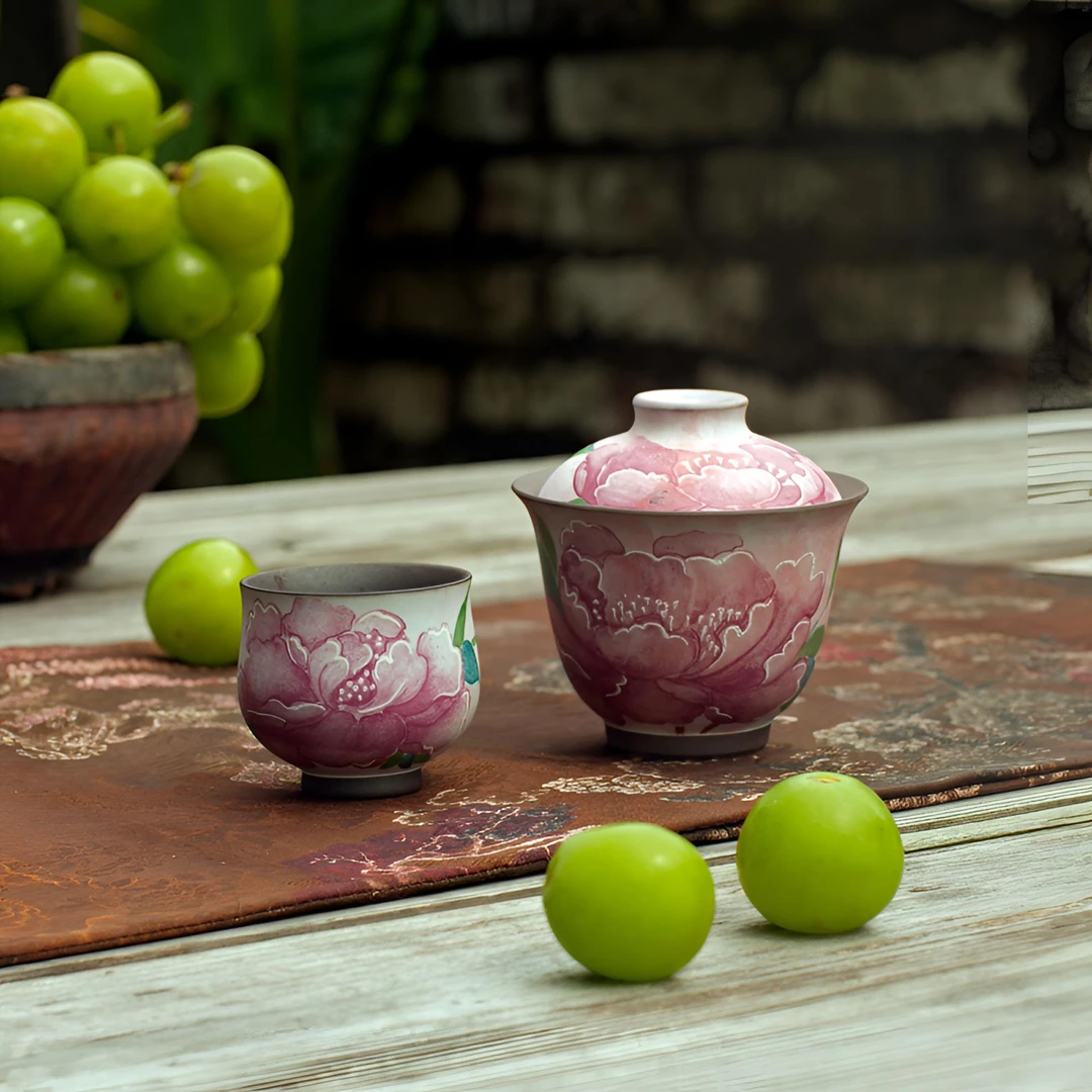 亘古富贵牡丹二才盖碗茶杯功夫茶具泡茶碗手工陶瓷喝茶高端主人杯