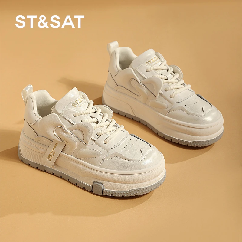 星期六厚底小白鞋女2025春季新款复古增高休闲板鞋真皮运动鞋女款